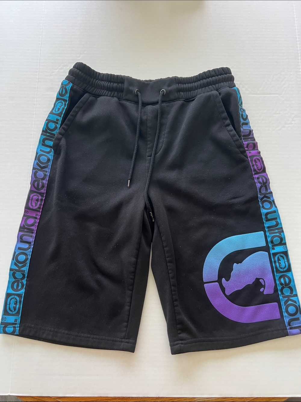 Ecko Unlimited Black Men’s Sweat Shorts with Blue and Purple Logo Accents Size S